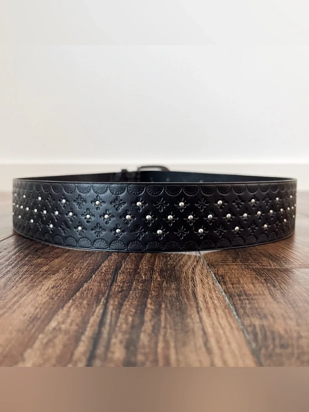 Lauren Ralph Lauren Embossed Leather Belt Studded Edgy Womens Size Medium Black
